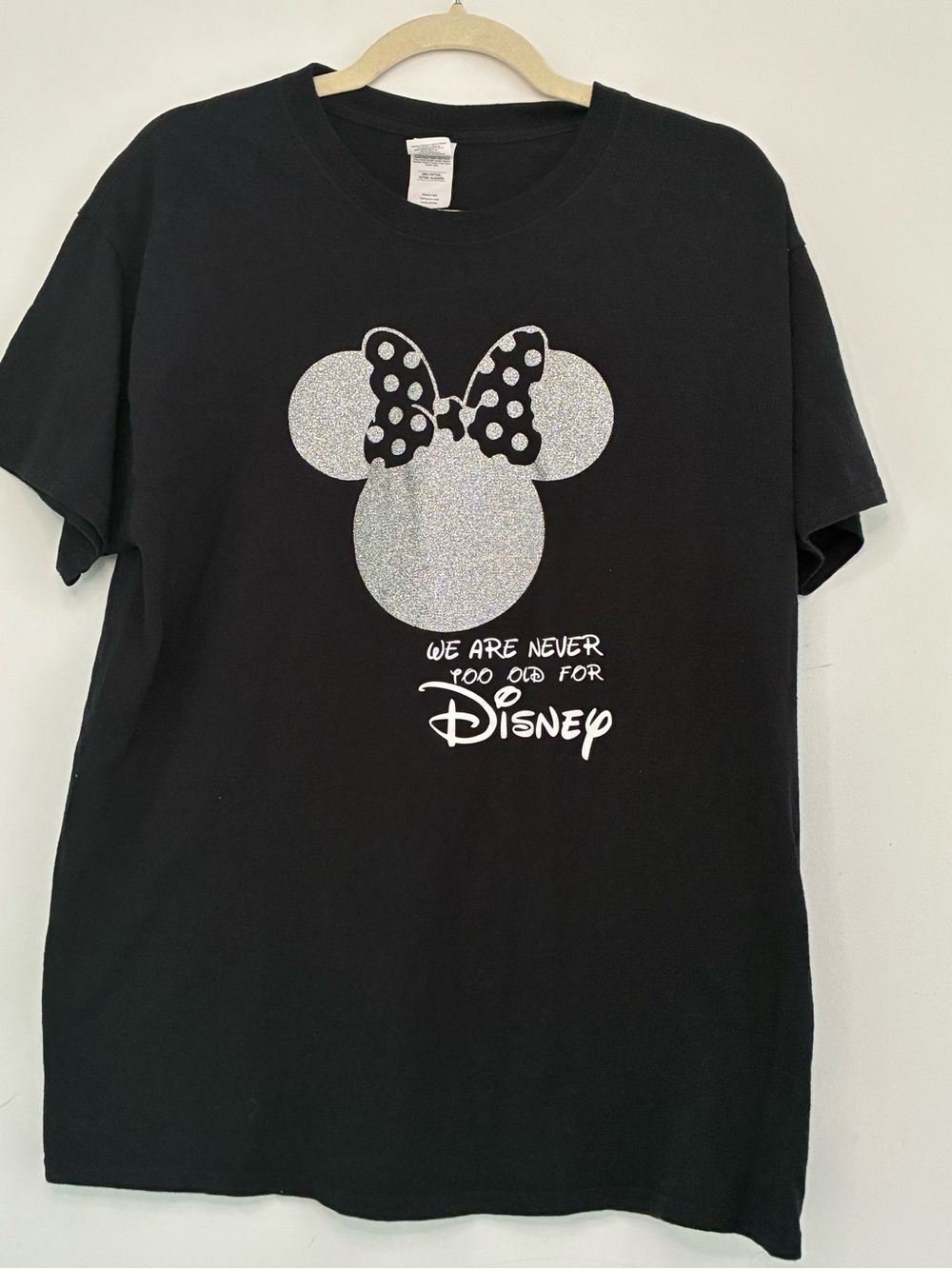Womens Minnie Mouse Glitter We Are Never Too Old for Disney Black Graphic Tee L